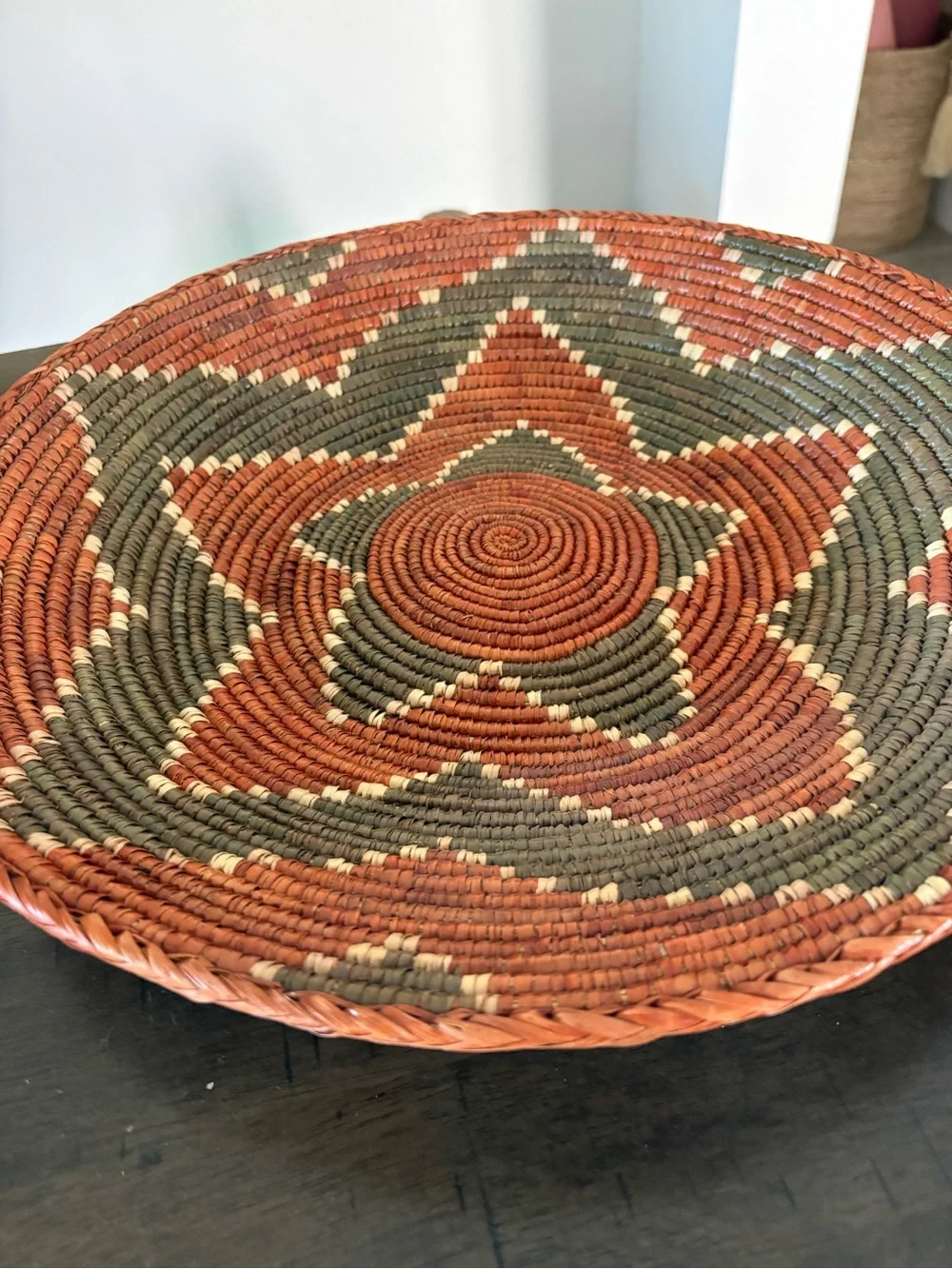 Handwoven Orange and Olive Star Pattern Decorative Basket - Home Accents